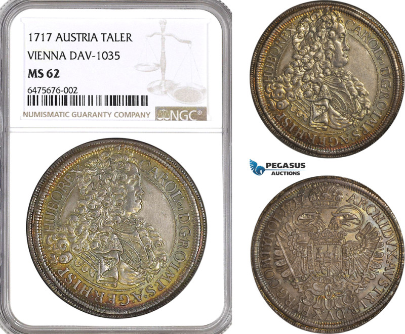 Austria, Karl VI, Taler 1717, Vienna Mint, Silver, Dav-1035, Rainbow Toning! NGC...