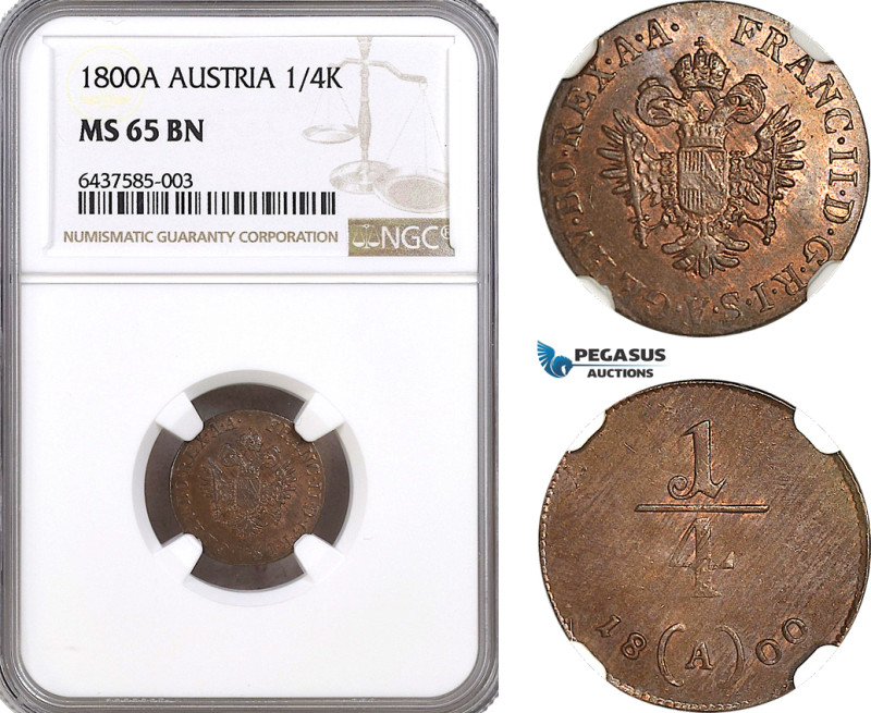 Austria, Franz II, 1/4 Kreuzer 1800 A, Vienna Mint, Herinek 1120, NGC MS65BN, To...