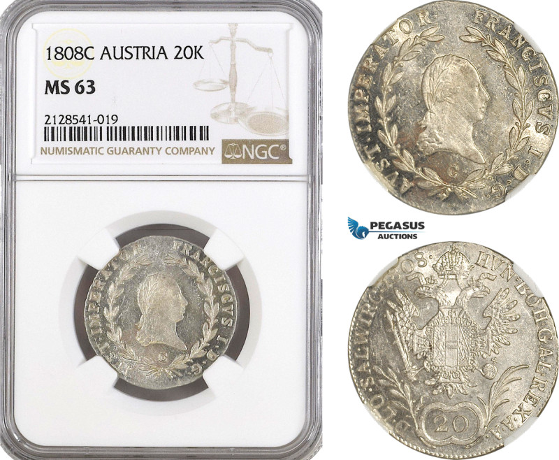 Austria, Franz II, 20 Kreuzer 1808 C, Prague Mint, Silver, Herinek 707, Fully fr...