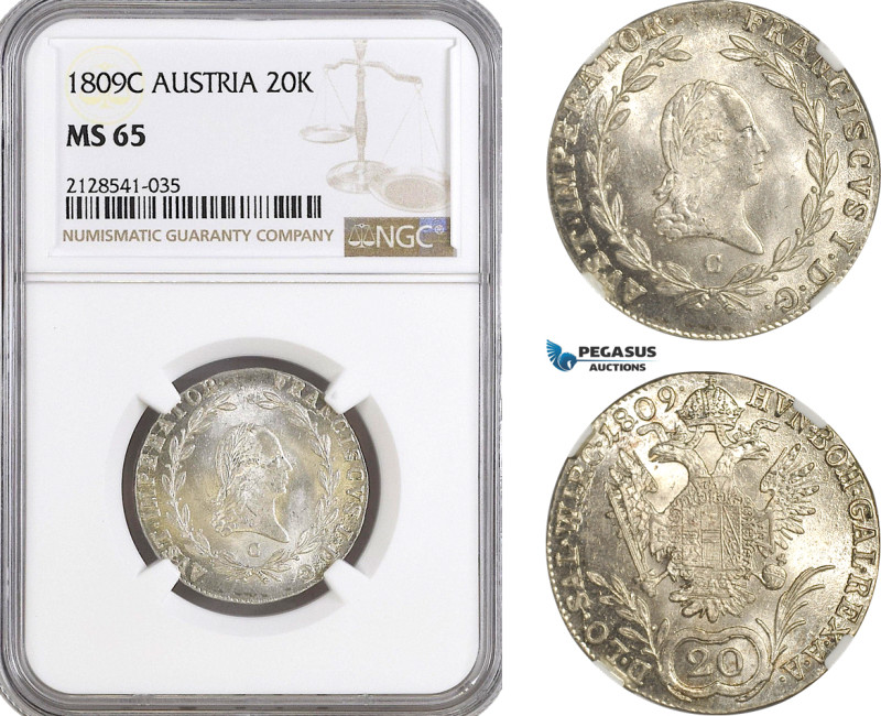 Austria, Franz II, 20 Kreuzer 1809 C, Prague Mint, Silver, Herinek 705, Light ch...