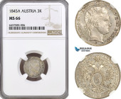 Austria, Ferdinand, 3 Kreuzer 1845 A, Vienna Mint, Silver, Früh. 910, Prooflike appearance! NGC MS66, Top Pop!