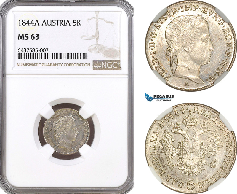 Austria, Ferdinand, 5 Kreuzer 1844 A, Vienna Mint, Silver, Früh. 882, NGC MS63, ...