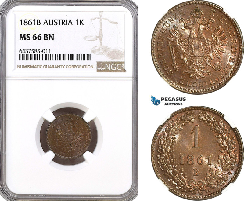Austria, Franz Joseph, 1 Kreuzer 1861 B, Kremnitz Mint, KM# 2186, NGC MS66BN, To...