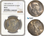 Austria, Franz Joseph, 5 Corona 1908, Vienna Mint, Silver, KM# 2809 (60th Anniversary of Reign) Beautiful toning! NGC MS62