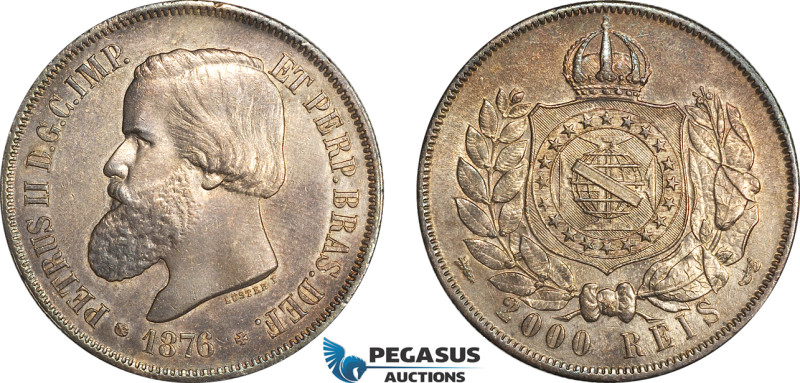 Brazil, Pedro II, 2000 Reis 1876, Rio de Janeiro Mint, KM# 475a, Rare date! With...