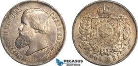 Brazil, Pedro II, 2000 Reis 1876, Rio de Janeiro Mint, KM# 475a, Rare date! With dark champagne toning, Good EF