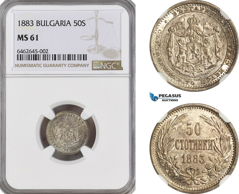 Bulgaria, Aleksander I, 50 Stotinki 1883, St. Petersburg, Silver, KM# 6, NGC MS6...