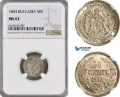 Bulgaria, Aleksander I, 50 Stotinki 1883, St. Petersburg, Silver, KM# 6, NGC MS61, Very frosty!