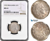 Bulgaria, Ferdinand I, 1 Lev 1910, Silver, KM# 28, Lovely toning! NGC MS61