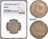 Bulgaria, Ferdinand I, 2 Leva 1891 KB, Kremnica Mint, Silver, KM# 14, NGC AU53