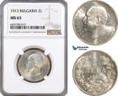 Bulgaria, Ferdinand I, 2 Leva 1913, Vienna or Kremnica Mint, Silver, KM# 32, Very frosty! NGC MS63