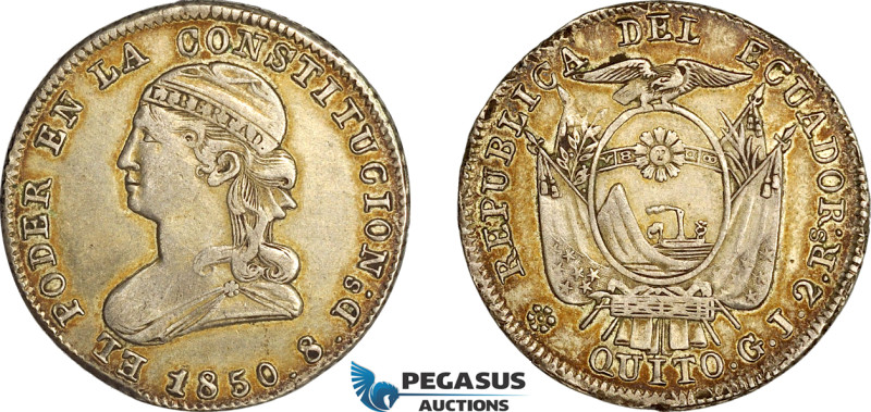 Ecuador, Republic, 2 Reales 1850 QUITO GJ, Quito Mint, Silver, KM# 33, Old tonin...