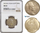 Egypt, Fuad, 5 Piastres AH1341//1923 H, Heaton Mint, Silver, KM# 336, Fine toning! NGC MS65, Top Pop!