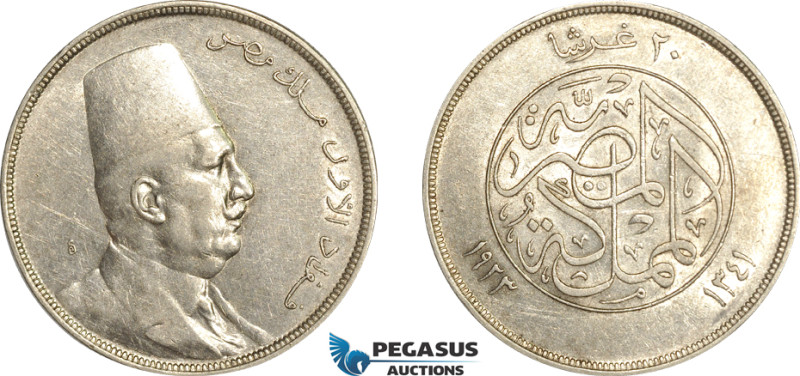 Egypt, Fuad, 20 Piastres AH1341//1923, Silver, KM# 338, Cleaned EF with much rem...