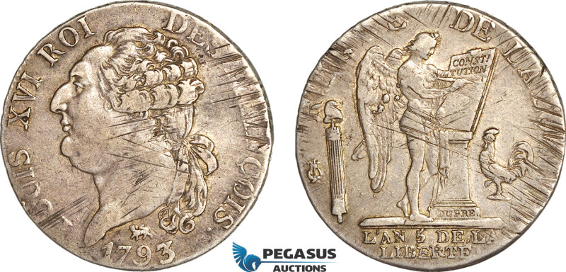 France, Louis XVI, 3 Livres (1/2 Ecu) 1793 A, Paris Mint, Silver (14.74g) Gad. 4...