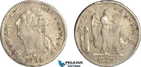 France, Louis XVI, 6 Livres (Ecu) 1792 W, Lille Mint, Silver (29.35g) Gad. 55, Lightly cleaned, VF-EF