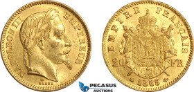 France, Napoleon III, 20 Francs 1865 BB, Strasbourg Mint, Gold (6.43g) Gad. 1062, Lustrous, EF-UNC