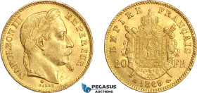 France, Napoleon III, 20 Francs 1869 BB, Strasbourg Mint, Gold (6.44g) Gad. 1062, Lustrous, EF-UNC
