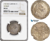 Great Britain, George I, Shilling 1723 SSC, First Bust, London Mint, Silver, KM# 539.3, Gun metal toning, NGC MS64
