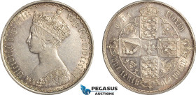Great Britain, Victoria, "Gothic" Florin 1856, London Mint, Silver, KM# 746.1, Lightly cleaned yet a lot of remaining luster, EF
