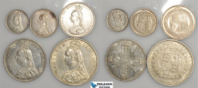 Great Britain, Victoria, Silver lot: 3P, 6p, Shilling, 2S & 1/2 Crown 1887, London Mint, Silver, EF-UNC