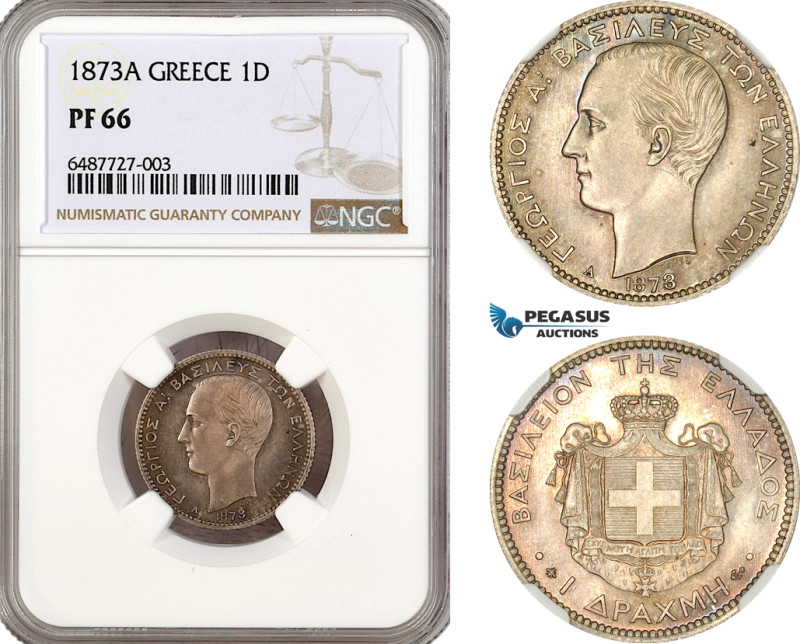 Greece, George I, Drachma 1873 A, Paris Mint, Silver, KM# 38, Fantastic multicol...