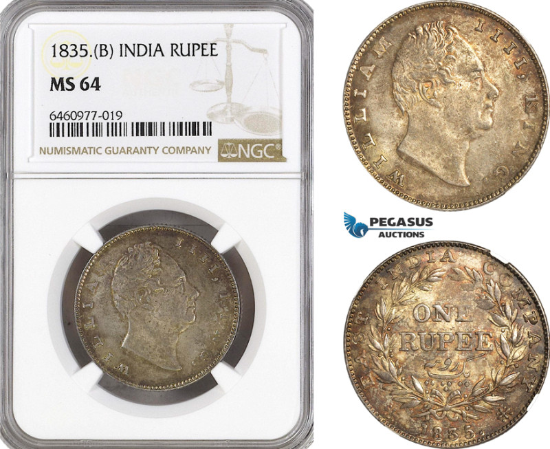 India, East India Company, William IV, 1 Rupee 1835. B, Bombay Mint, Silver, KM#...