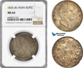 India, East India Company, William IV, 1 Rupee 1835. B, Bombay Mint, Silver, KM#450.1, Dark golden rusty toning! NGC MS64