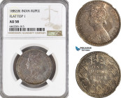 India, Victoria, 1 Rupee 1882 (B) Flat Top 1, Bombay Mint, Silver, KM# 492, Gun metal toning! NGC AU58