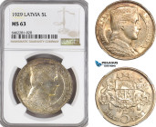 Latvia, 5 Lati 1929, London Mint, Silver, KM# 9, Fine toning! NGC MS63