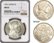 Latvia, 5 Lati 1931, London Mint, Silver, KM# 9, Blast white! NGC MS63
