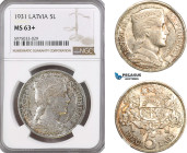 Latvia, 5 Lati 1931, London Mint, Silver, KM# 9, Spotted toning! NGC MS63+