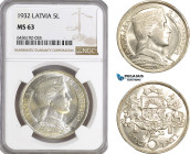 Latvia, 5 Lati 1932, London Mint, Silver, KM# 9, Fine toning! NGC MS63