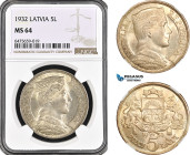 Latvia, 5 Lati 1932, London Mint, Silver, KM# 9, Blast white! NGC MS64
