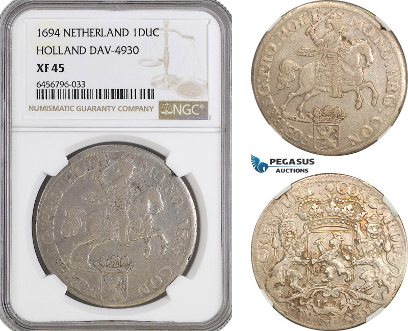 Netherlands, Holland, "Silver Rider" Ducaton 1694, Silver, Dav-4930, NGC XF45