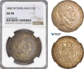 Netherlands, Willem I, 2 1/2 Gulden 1840, Utrecht Mint, Silver, Dav-234, Dark champagne/green toning! NGC AU58