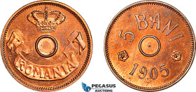 Romania, Carol I, Pattern 5 Bani 1905, Brussels mint, Bronze (2,99g) No center hole, coin rotation, Schäffer/Stambuliu 047-1.6, Red/brown mint bloom, ...