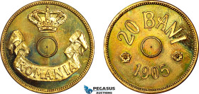 Romania, Carol I, Pattern 20 Bani 1905, Brussels mint, Brass (7.03g) No center hole, coin rotation, Schäffer/Stambuliu 055- (Unpublished variety) Very...