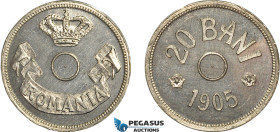 Romania, Carol I, Pattern 20 Bani 1905, Brussels mint, White metal (10,11g) Piefort, No center hole, coin rotation, Schäffer/Stambuliu 055 - (Unpublis...