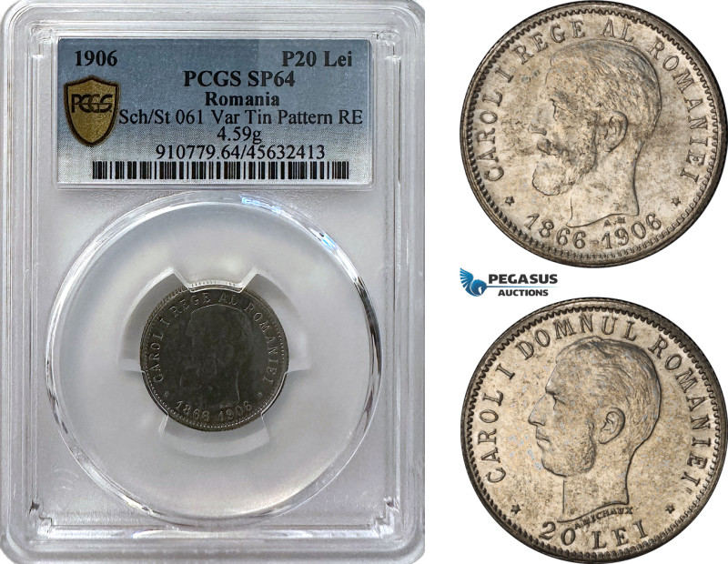 Romania, Carol I, Pattern 20 Lei 1906, Brussels Mint, Tin (4.59g) Reeded edge, M...