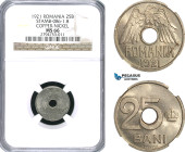Romania, Ferdinand I, Pattern 25 Bani 1921, Huguenin Mint, Copper-Nickel, Plain edge, Medal rotation, Schäffer/Stambuliu 086-1.8, NGC MS66, Top Pop!