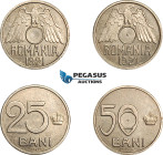 Romania, Ferdinand I, Pattern Set: 25 & 50 Bani 1921, Huguenin Mint, Copper-Nickel (3.28g & 3.96g) No center hole, Medal rotation, Schäffer/Stambuliu ...
