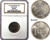 Romania, Carol I, Pattern 1 Leu 1922, Huguenin Mint, Copper-Nickel, No Mintmark, Plain edge, Medal rotation, Schäffer/Stambuliu 107-1.5, NGC MS66