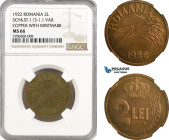 Romania, Ferdinand I, Pattern 2 Lei 1922, Huguenin Mint, Copper, with Mintmark, Plain edge, Medal rotation, Schäffer/Stambuliu 113-1.1 Var., NGC MS66,...