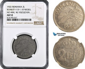 Romania, Ferdinand I, Pattern 2 Lei 1922, Huguenin Mint, Nickel, No Mintmark, Plain edge, Medal rotation, Schäffer/Stambuliu 113-1.10., NGC AU53