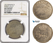 Romania, Ferdinand I, Pattern 5 Lei 1922, Huguenin Mint, Copper-Nickel, Plain edge, Medal rotation, Schäffer/Stambuliu 115-1.8, NGC UNC Details (Rev. ...
