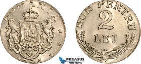 Romania, Ferdinand I, Pattern 2 Lei 1924, Poissy Mint, Copper-Nickel, Plain edge, Coin rotation, Struck on a 1 Leu 1924 planchet! Schäffer/Stambuliu 1...