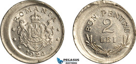 Romania, Ferdinand I, Pattern 2 Lei 1924, Brussels Mint, Nickel (10.06g) Plain edge, Coin alignment, Schäffer/Stambuliu 136-1.1 (This coin) aUNC, Very...