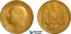 Romania, Carol II, Pattern 250 Lei 1935, Bucharest Mint, Brass (11.14g) Reeded edge, Coin rotation, Schäffer/Stambuliu 255-1.1, Minor edge bump, EF, V...
