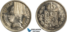 Romania, Carol II, Pattern 50 Lei 1936, Bucharest Mint, Nickel (5.74g) Plain edge with waves, Coin rotation, Schäffer/Stambuliu 256-1.1 (This coin) Br...